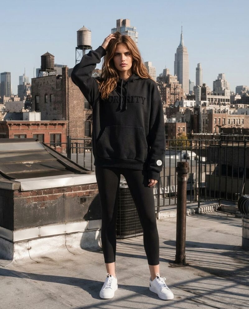 Le même sweat noir porté par un mannequin, dans un décor urbain, créé dans StudioMode